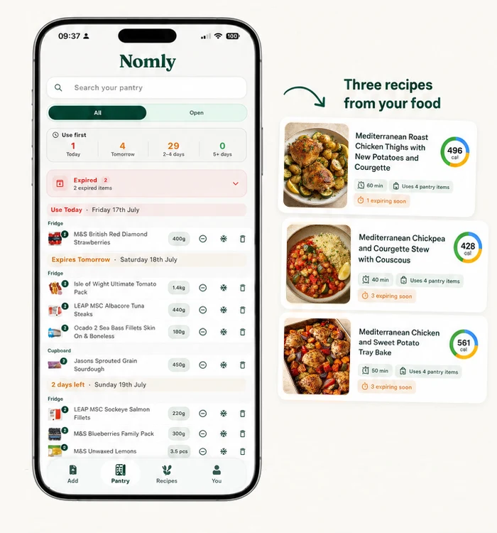 A Nomly pantry alongside recipe ideas created from the food it contains