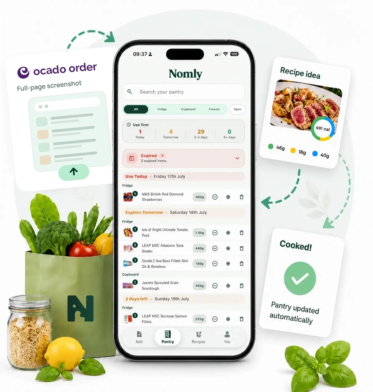 An Ocado order screenshot becoming a Nomly pantry, a recipe idea and an automatically updated pantry