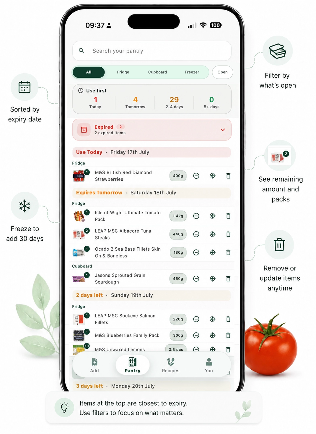 Nomly pantry showing remaining quantities and food ordered by what needs using first
